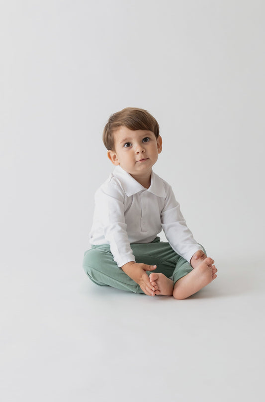 Body Branco Manga Longa com Gola Polo e botões