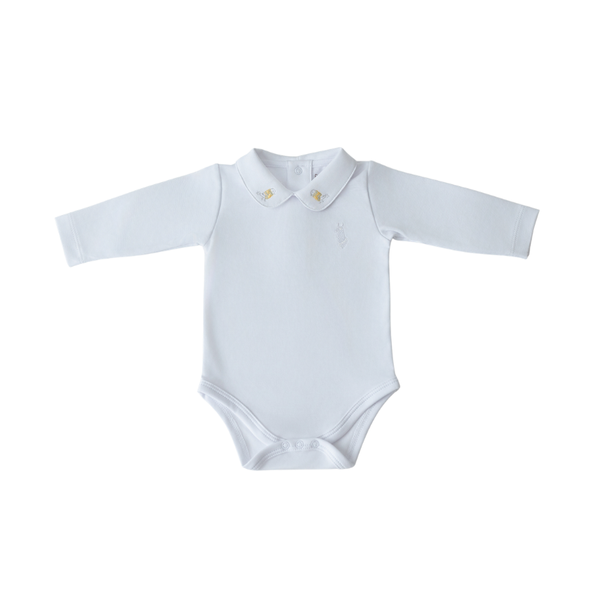 Body Branco Manga Longa com Gola Bebe com bordado de pássaro